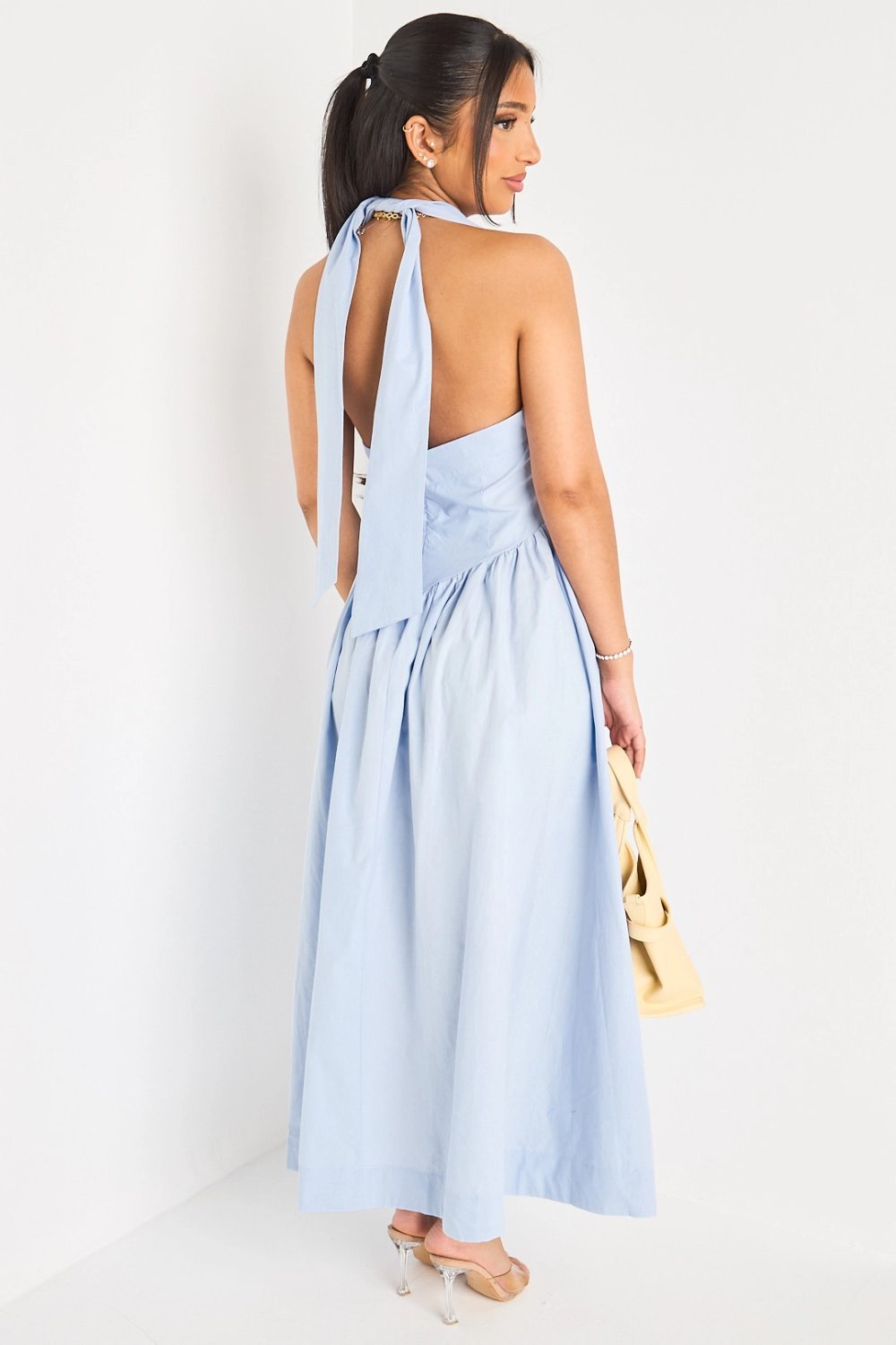 Robe longue dos nu col carré bleue