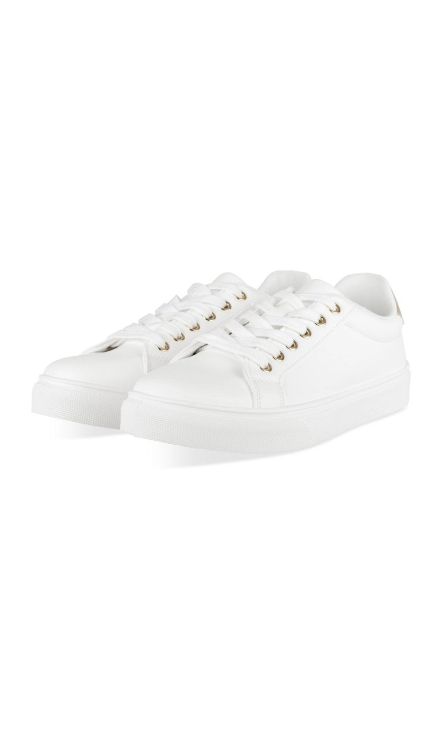 White sneakers with gold heel tab