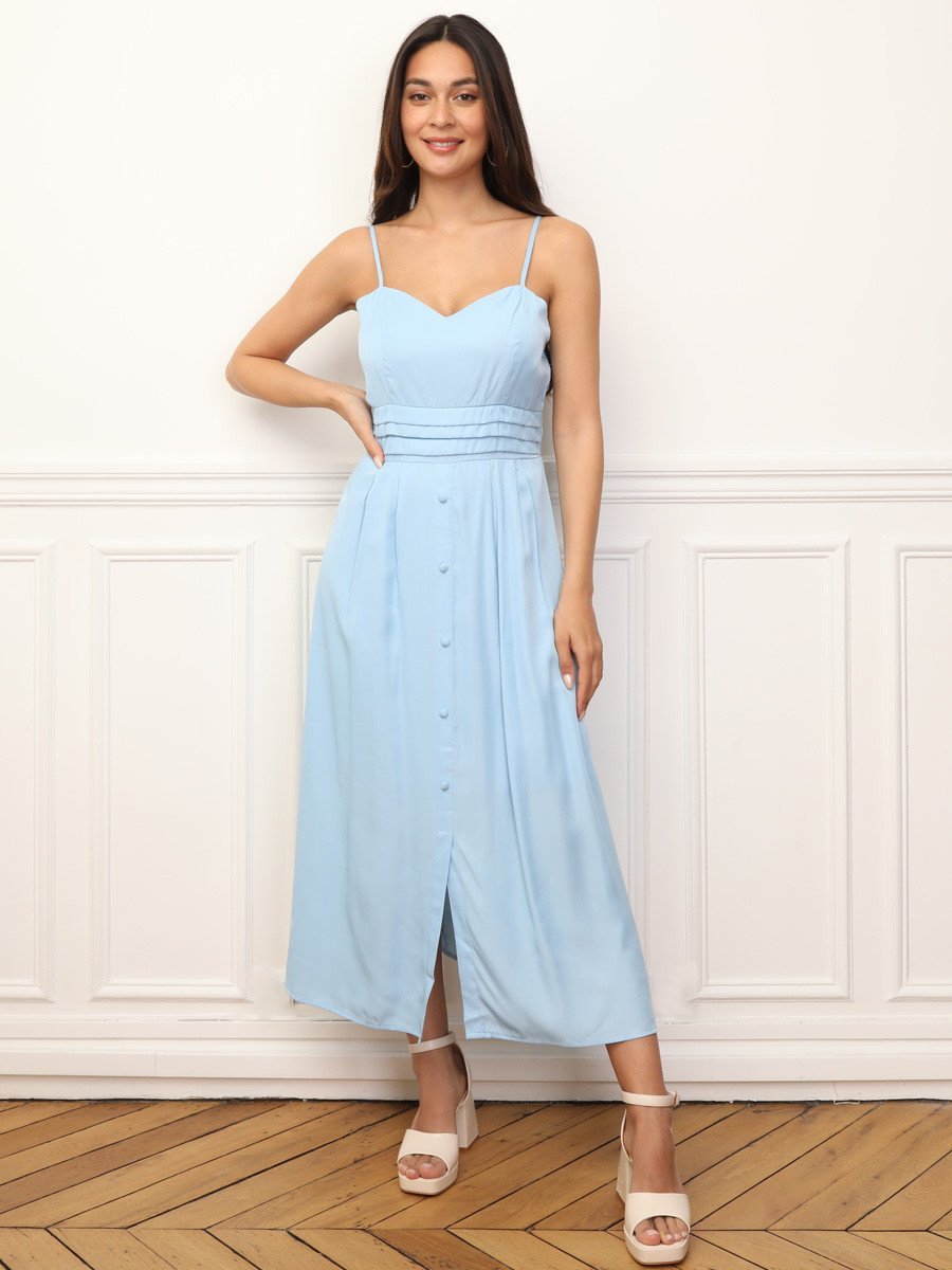 Robe longue à bretelles boutonnée fendue bleu clair