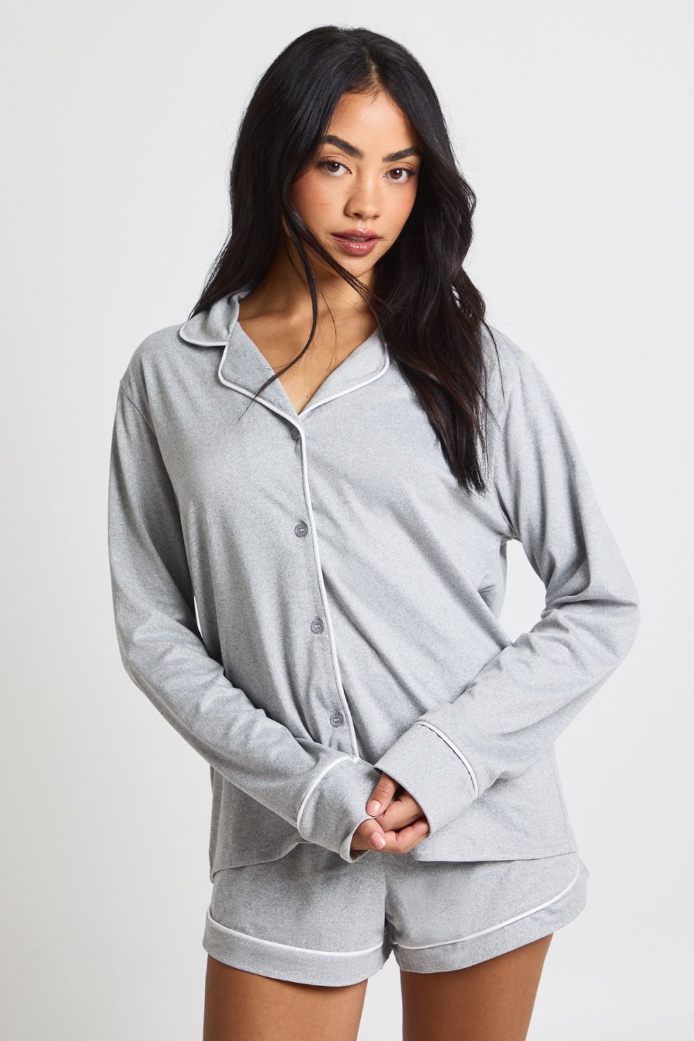 Pyjama chemise et short en jersey gris chiné