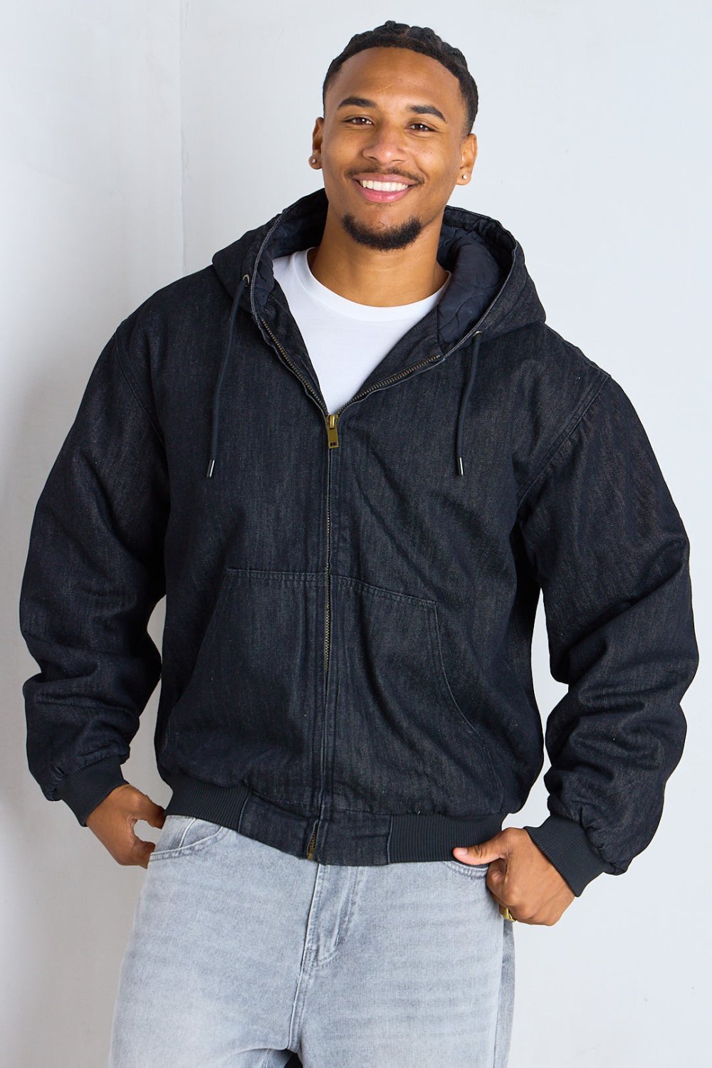 Black hooded padded-lined denim jacket