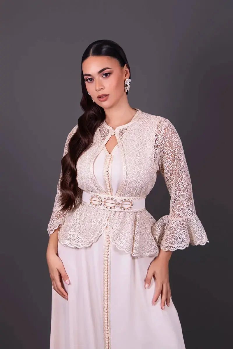 Crepe kaftan with beige peplum lace jacket