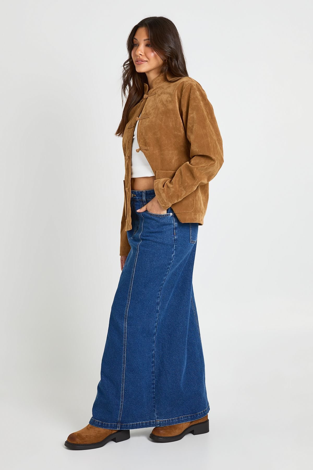 Jupe longue en denim à détails de coutures