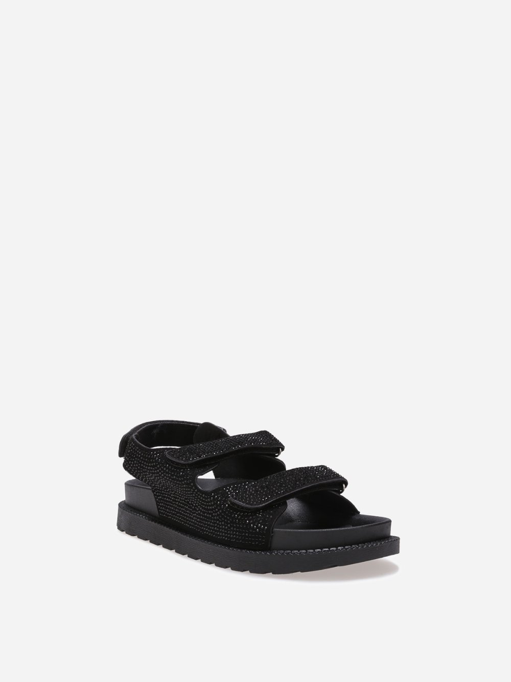 Black rhinestone strap sandals with lug sole