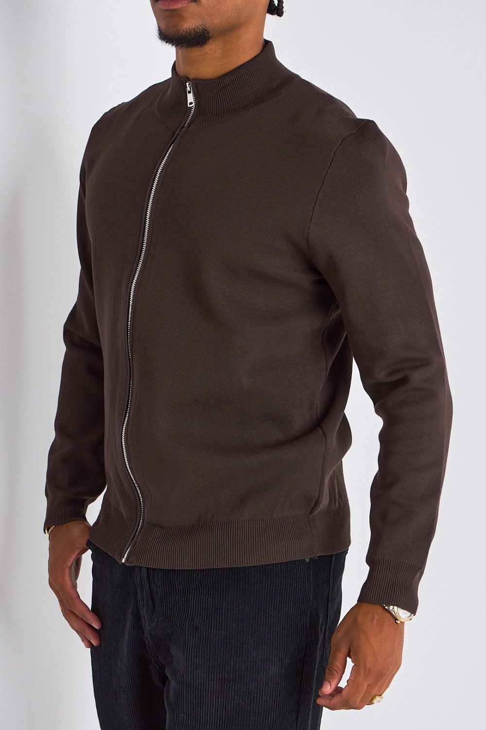 Brown zip-up cardigan with high collar
