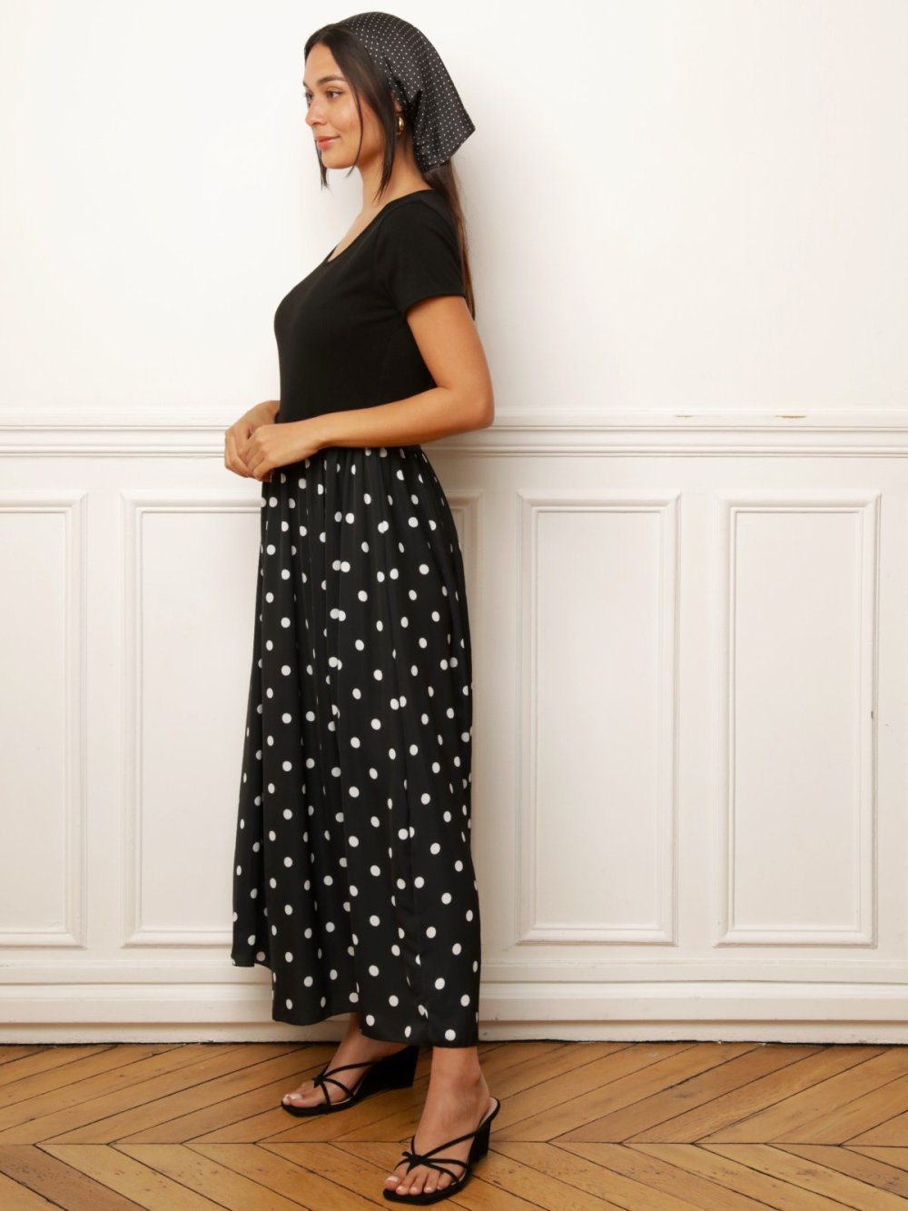 Black polka dot satin triangle scarf