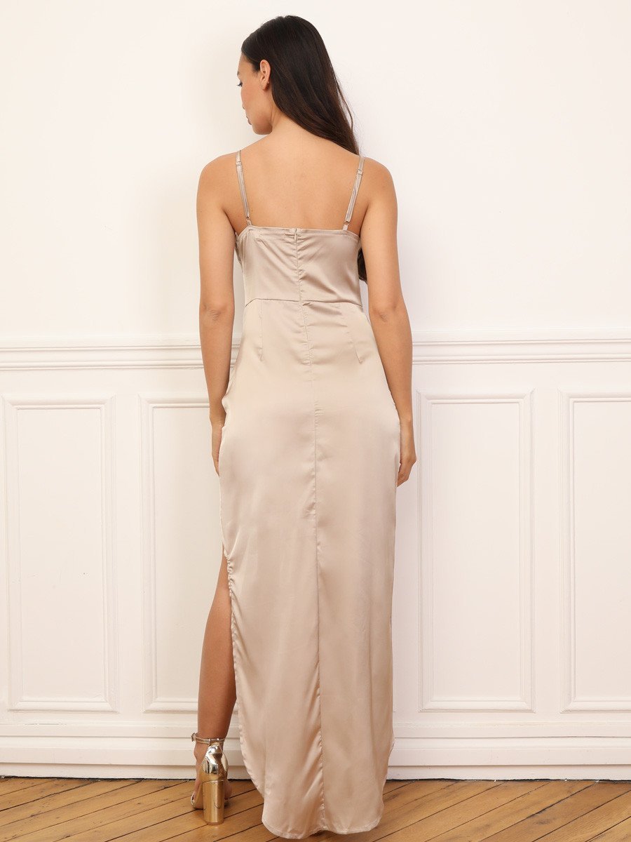 Gold asymmetric satin dress with side split