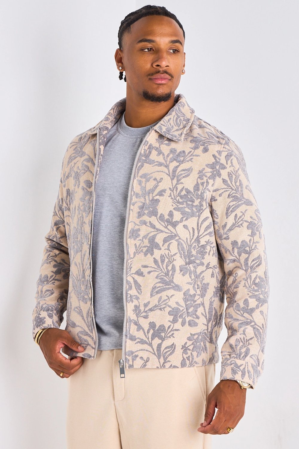 Grey washed-effect jacket with floral pattern
