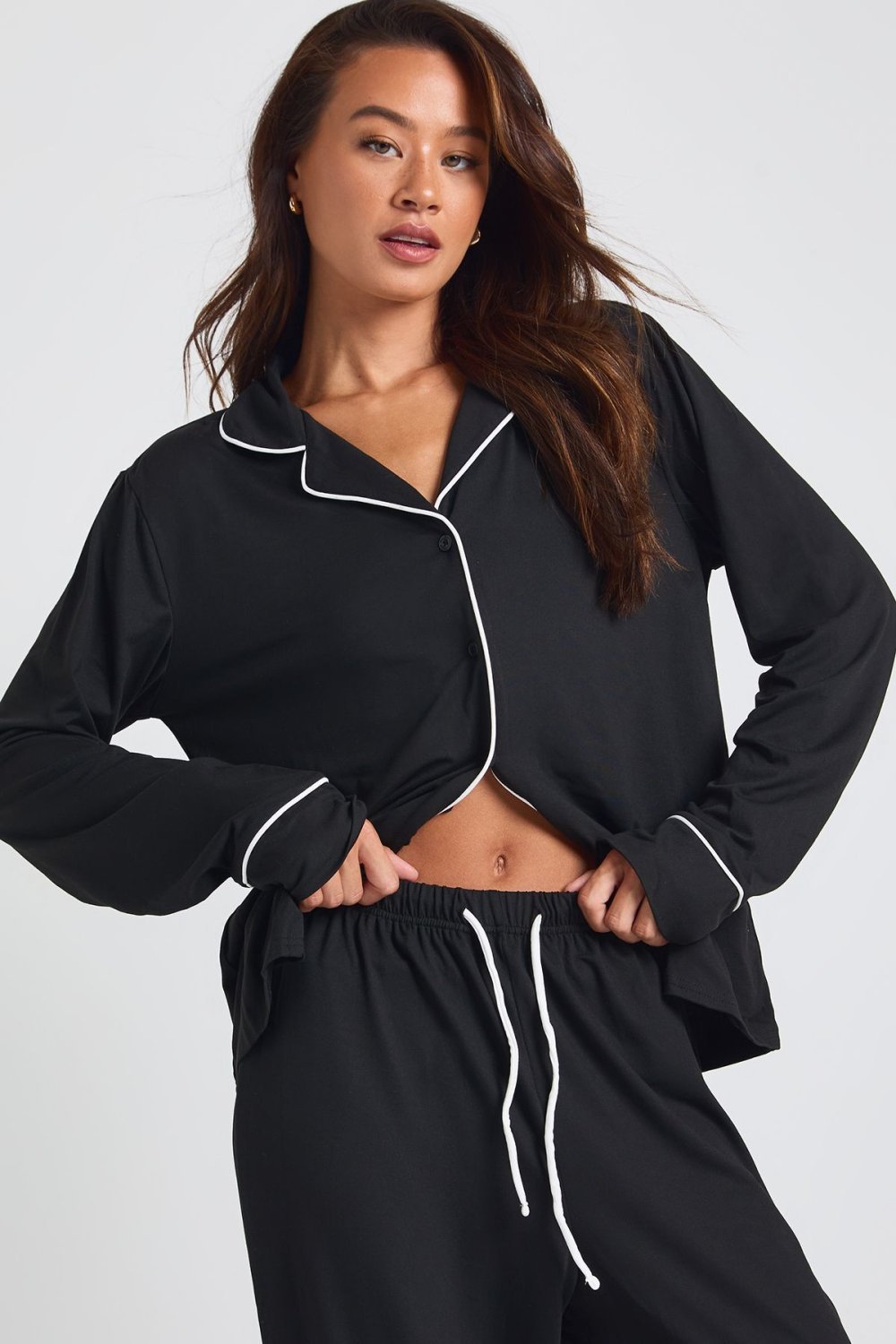Pyjama chemise et pantalon en jersey à passepoil - Tall