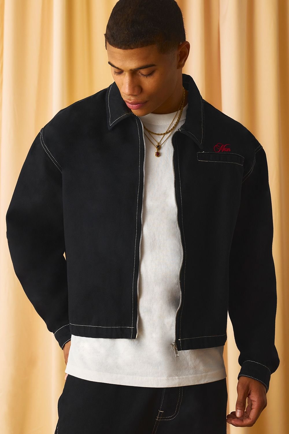 Harrington boxy brodé aux surpiqûres contrastées