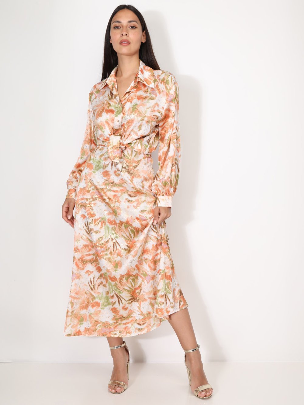 Orange flowing maxi skirt with gold print