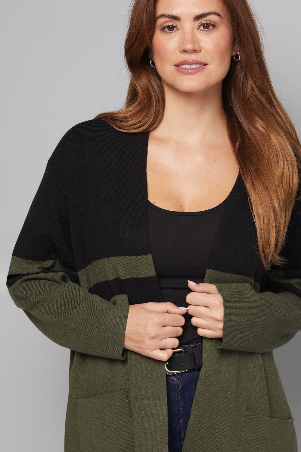 Long open colour-block cardigan