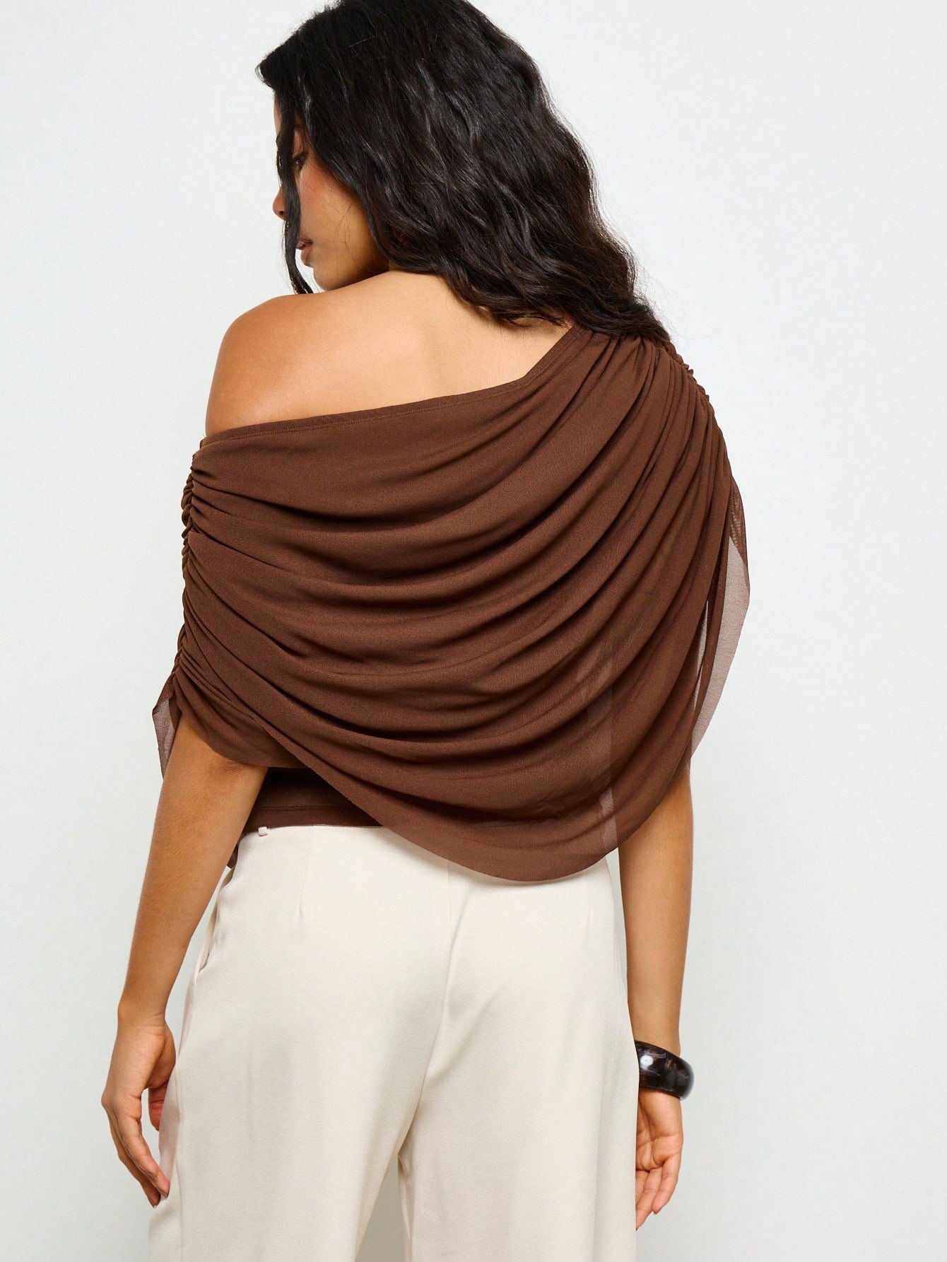 Draped asymmetric off-shoulder blouse