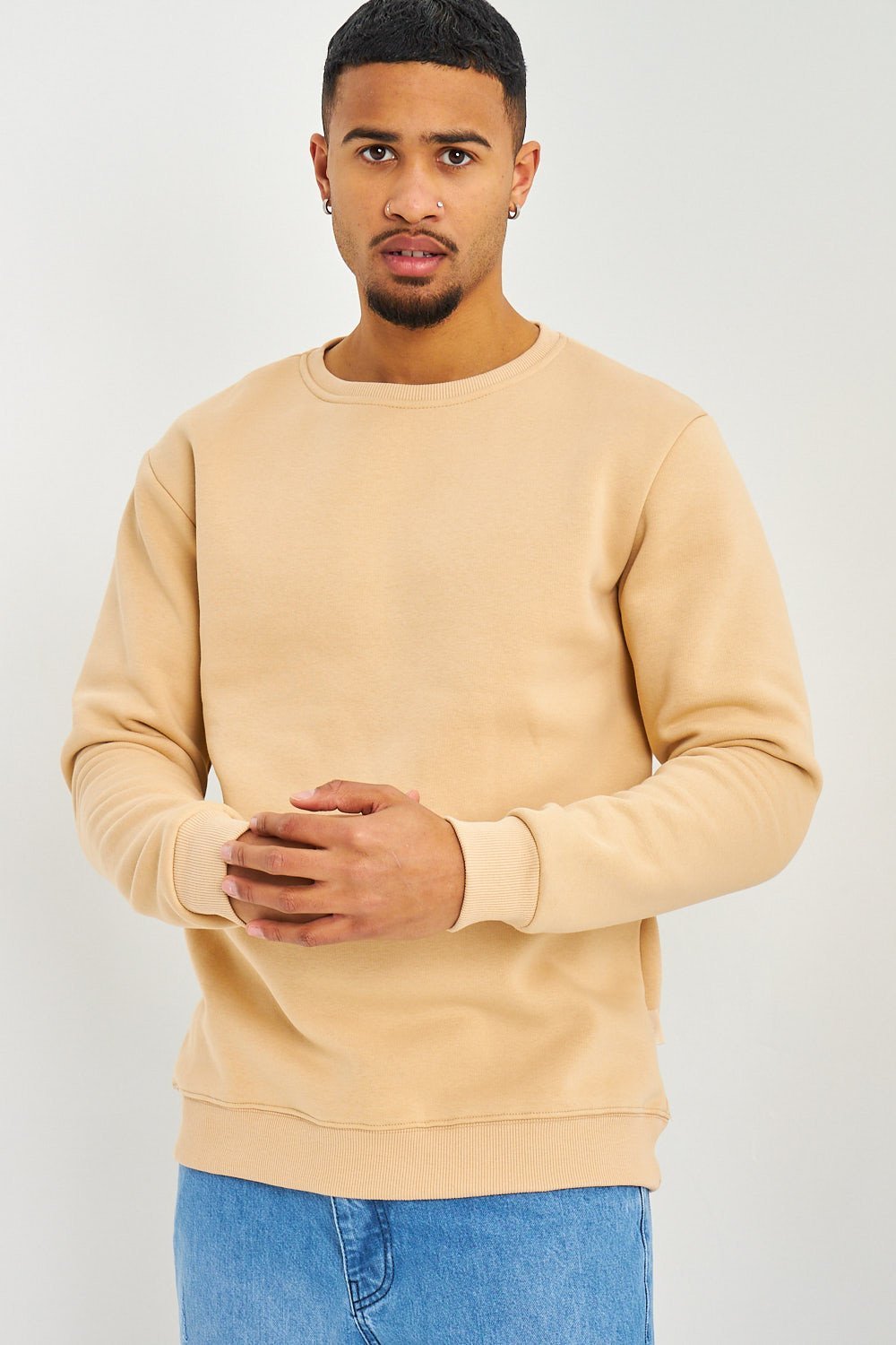 Beige fleece-lined crew-neck sweatshirt