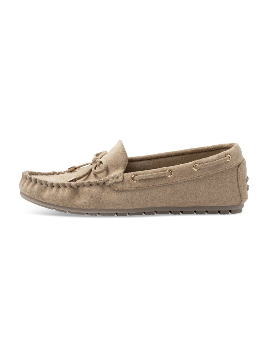 Taupe faux suede loafers with bow