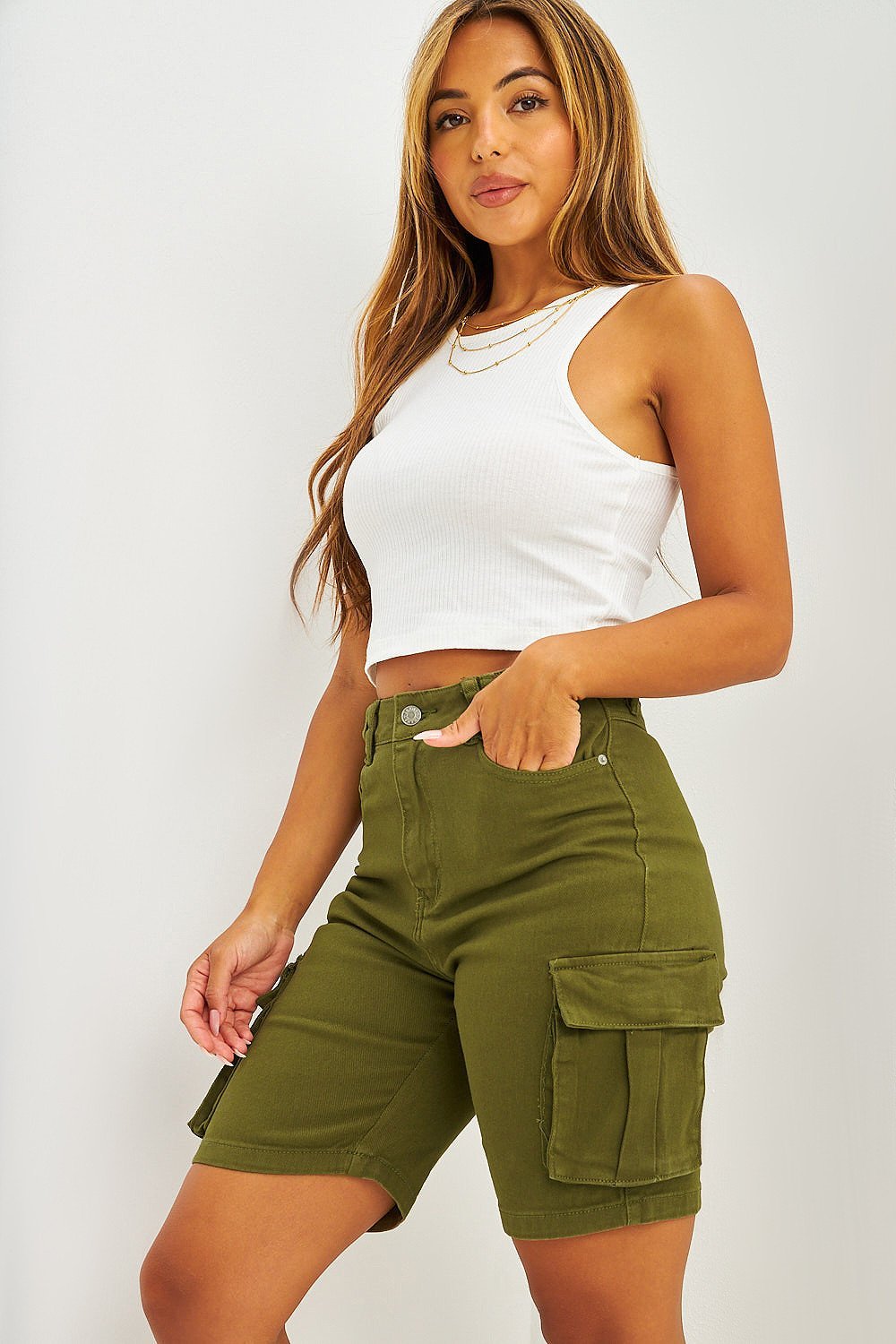 Khaki denim cargo shorts
