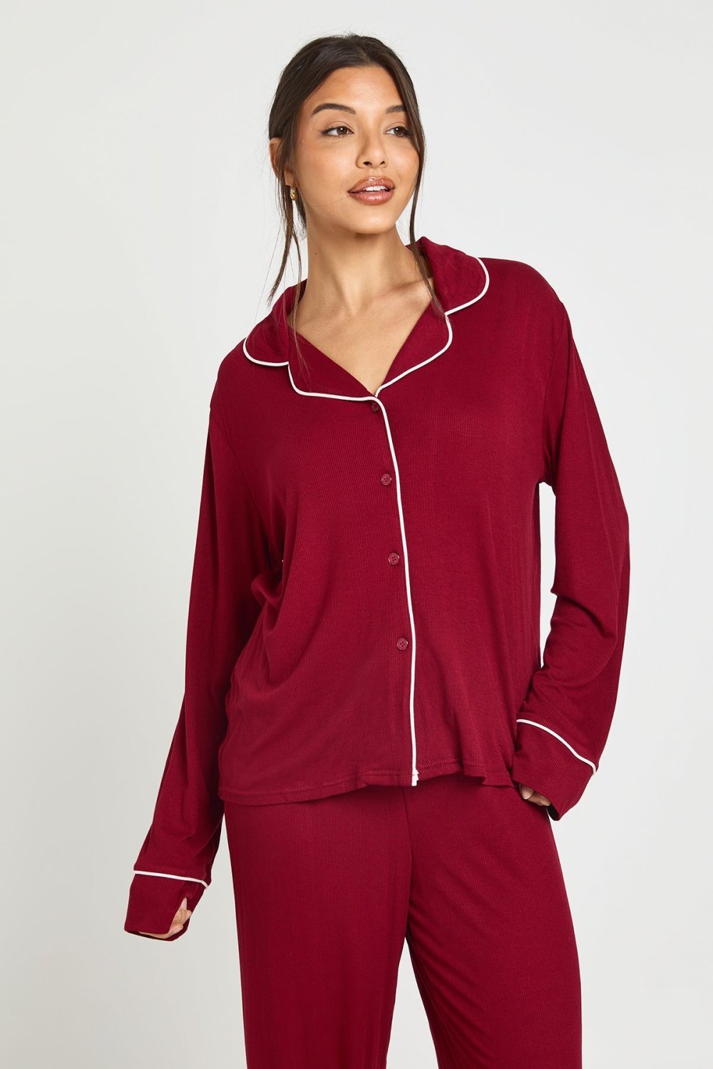 Ribbed shirt and trouser pyjama set with piping