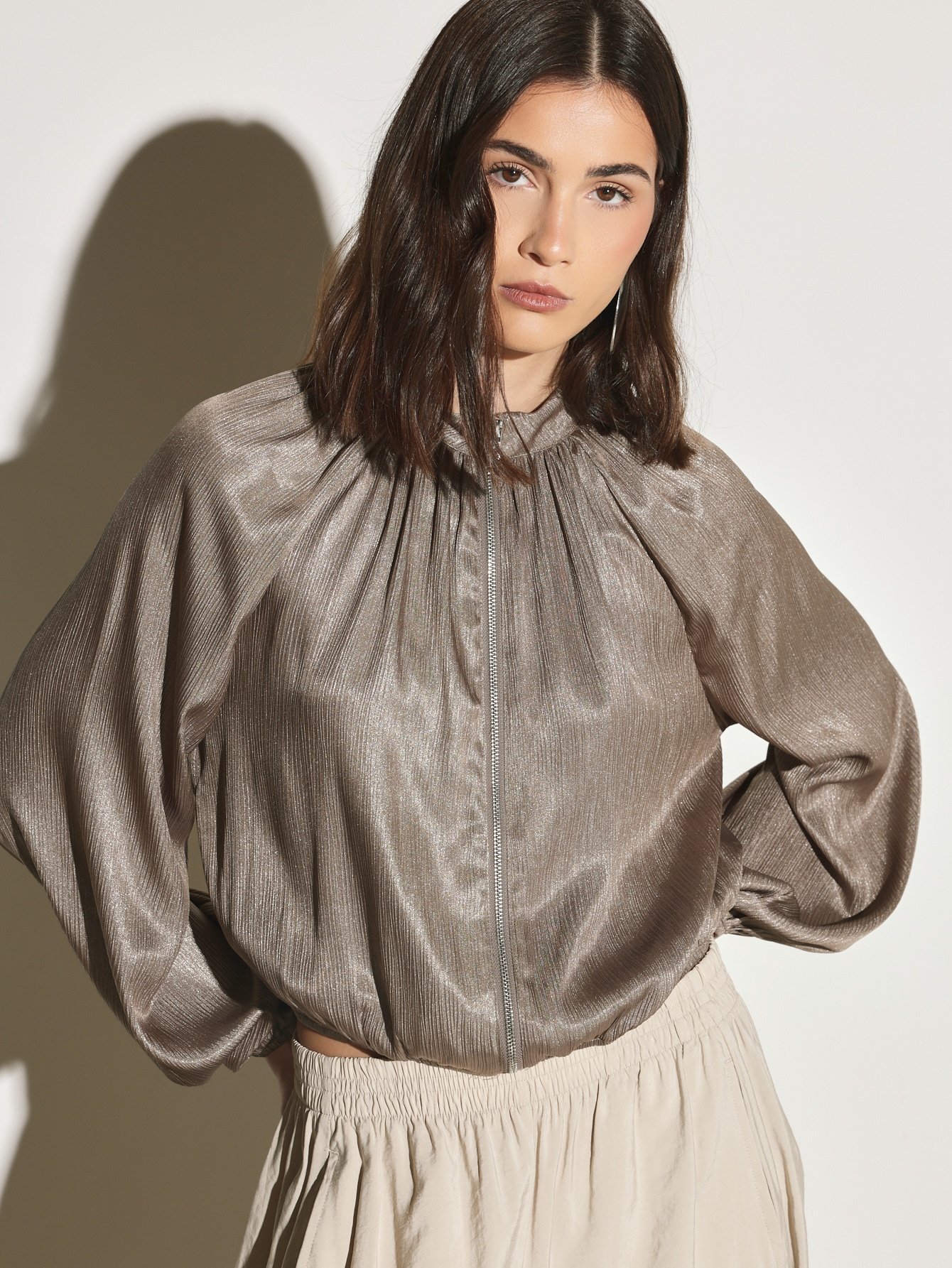 Oversized metallic shimmer bomber jacket