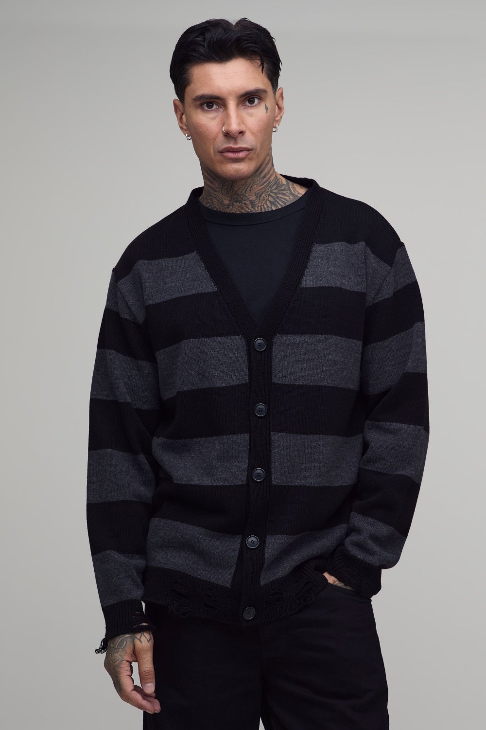 Black and grey distressed striped cardigan
