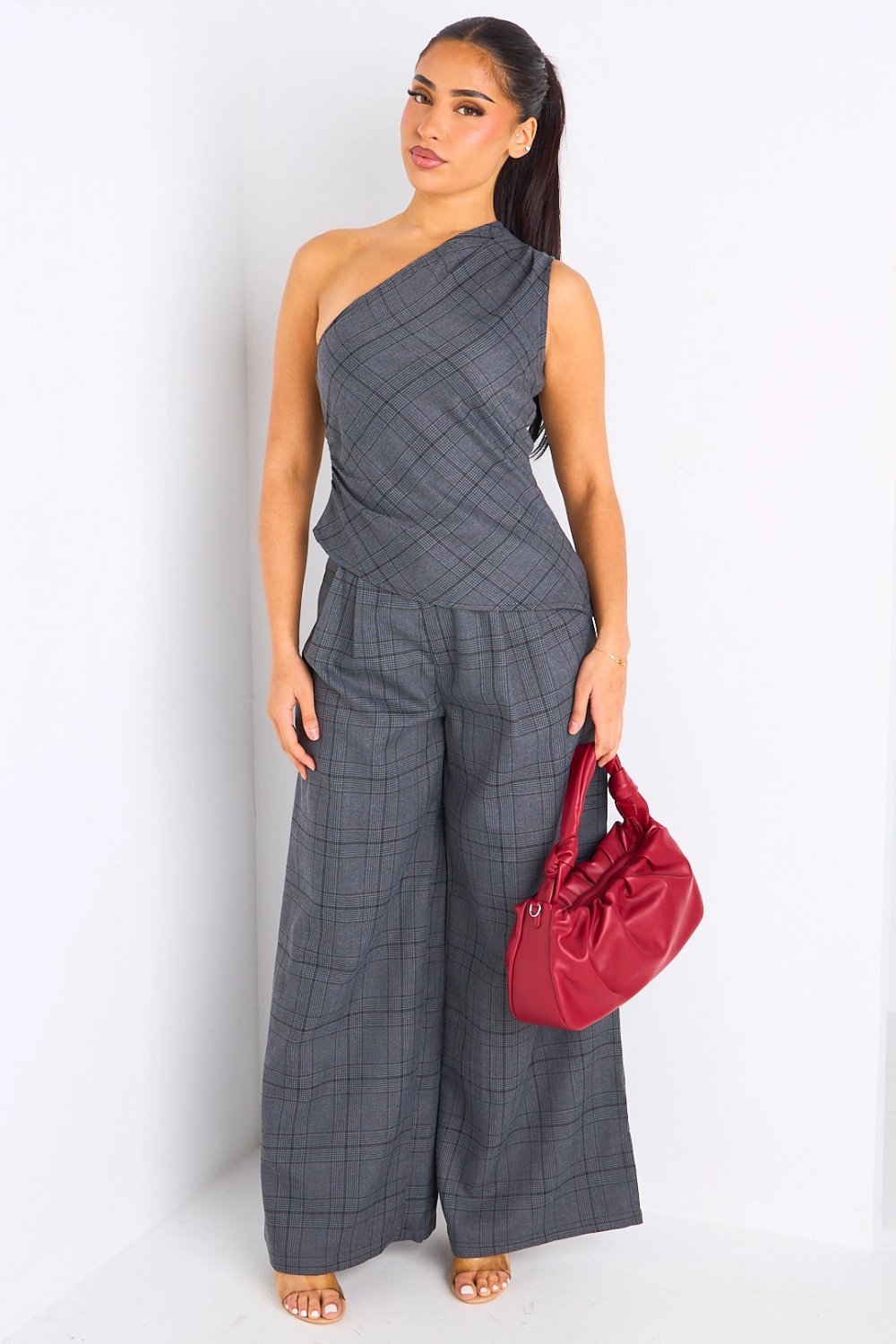 Grey check one-shoulder top and trouser set