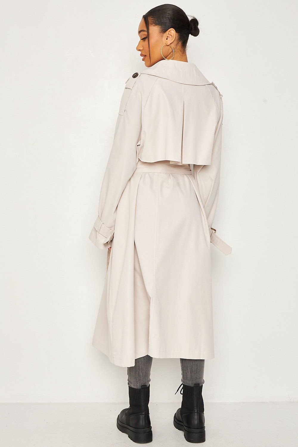Beige plain belted trench coat