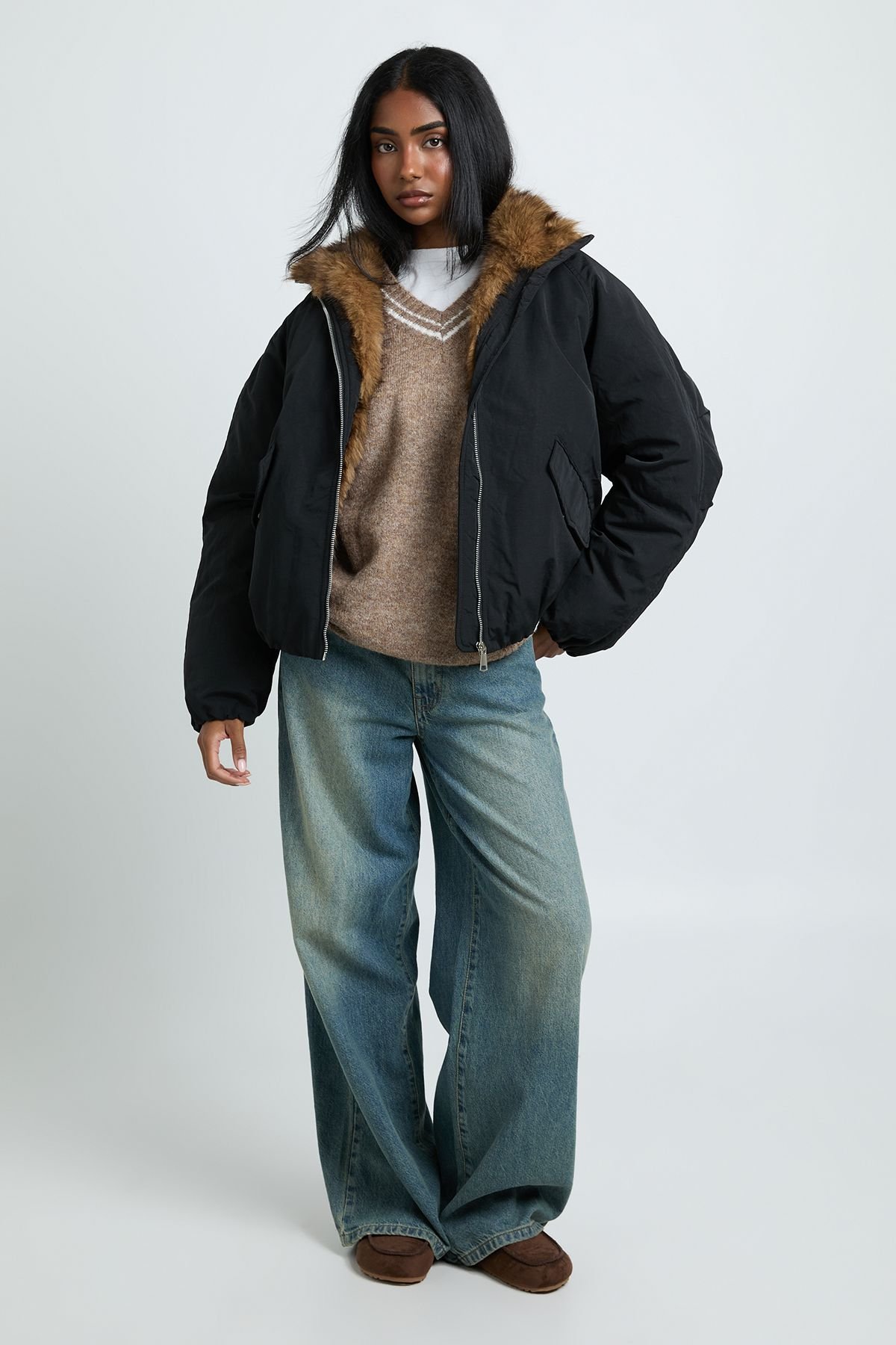 Faux shearling lined bomber jacket