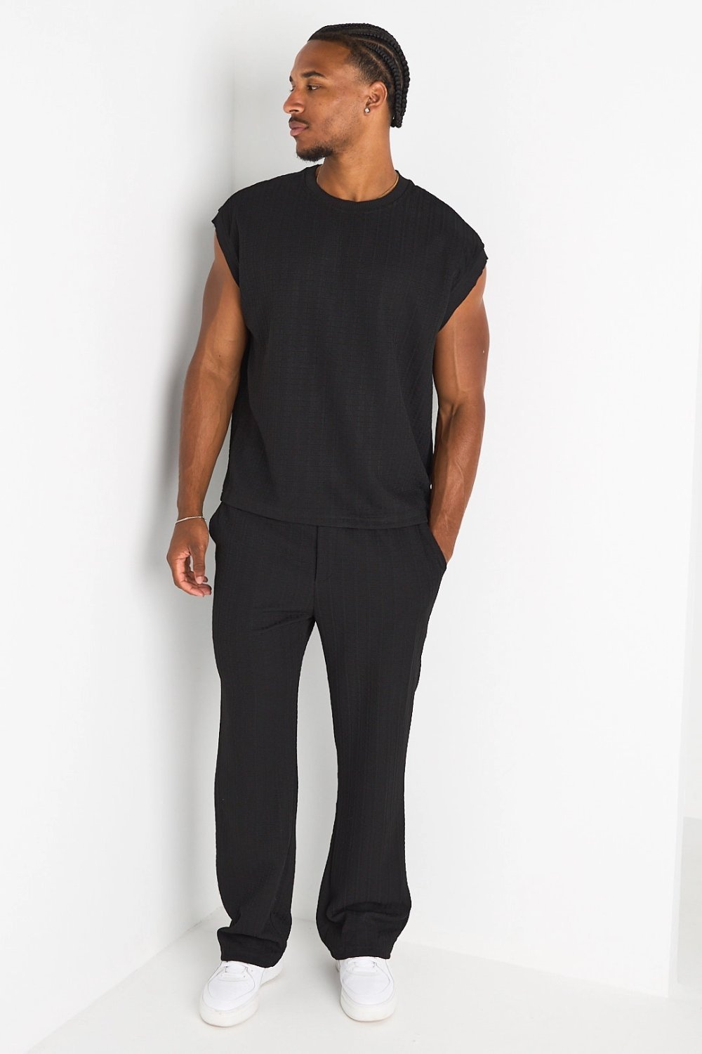 Black embroidered tank top and trousers set