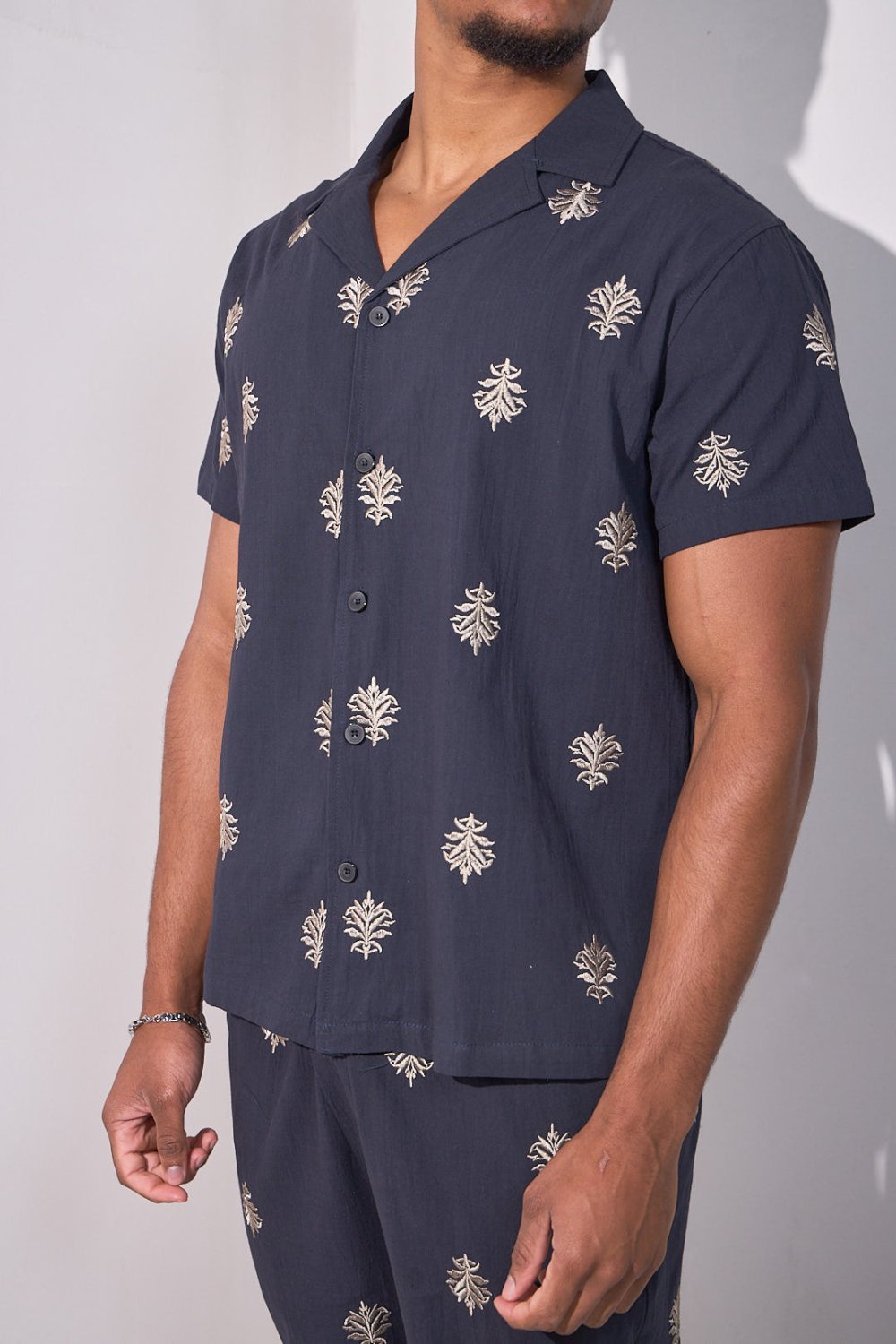 Navy embroidered linen-look shirt and trousers set