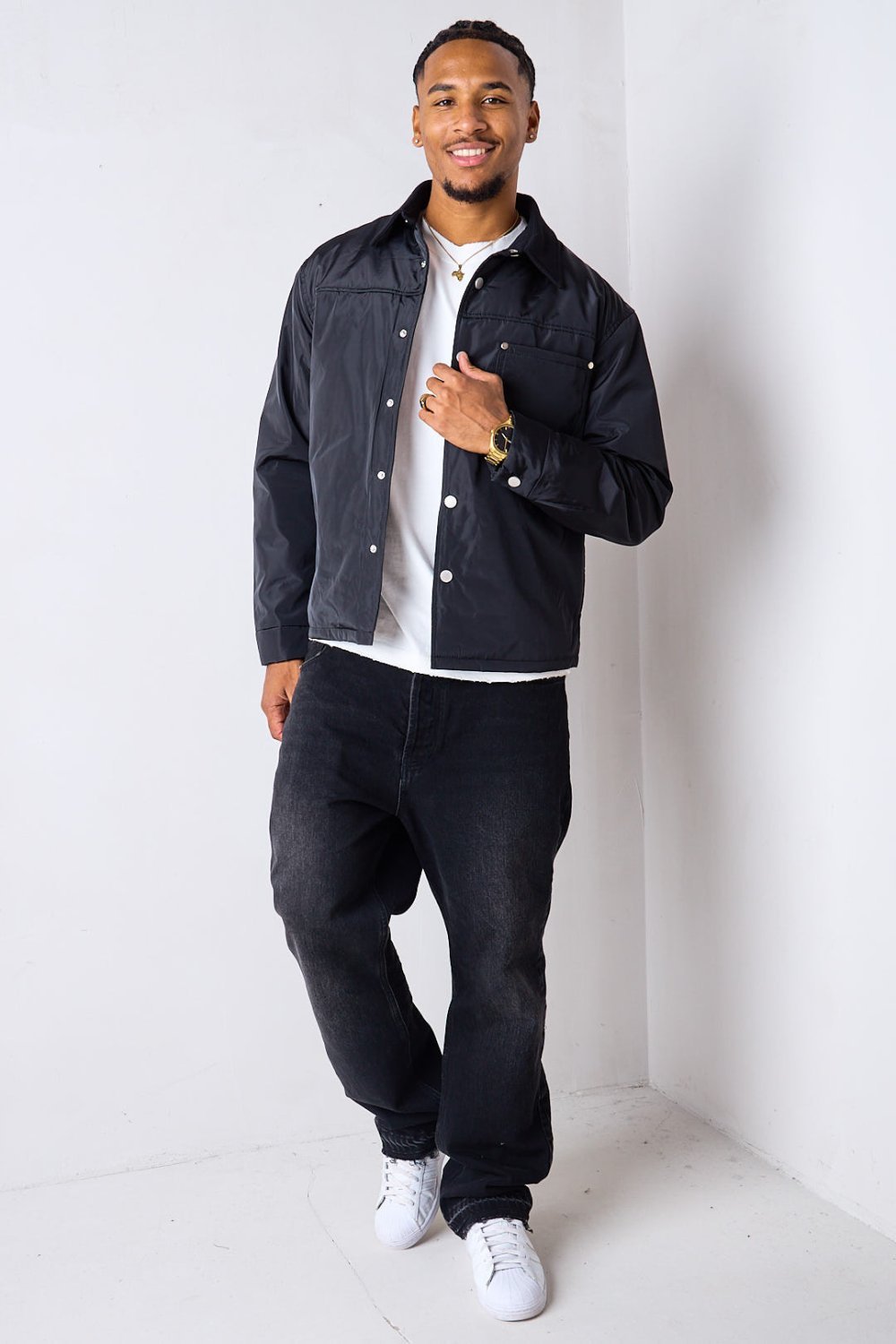 Black satin bomber jacket with buttons