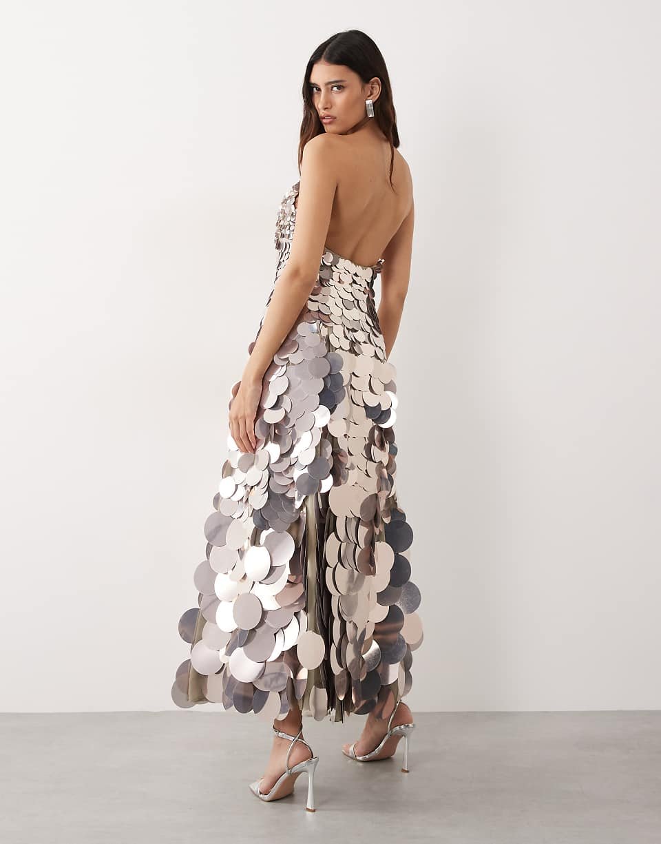 Silver Bandeau Maxi Dress With Round Sequins