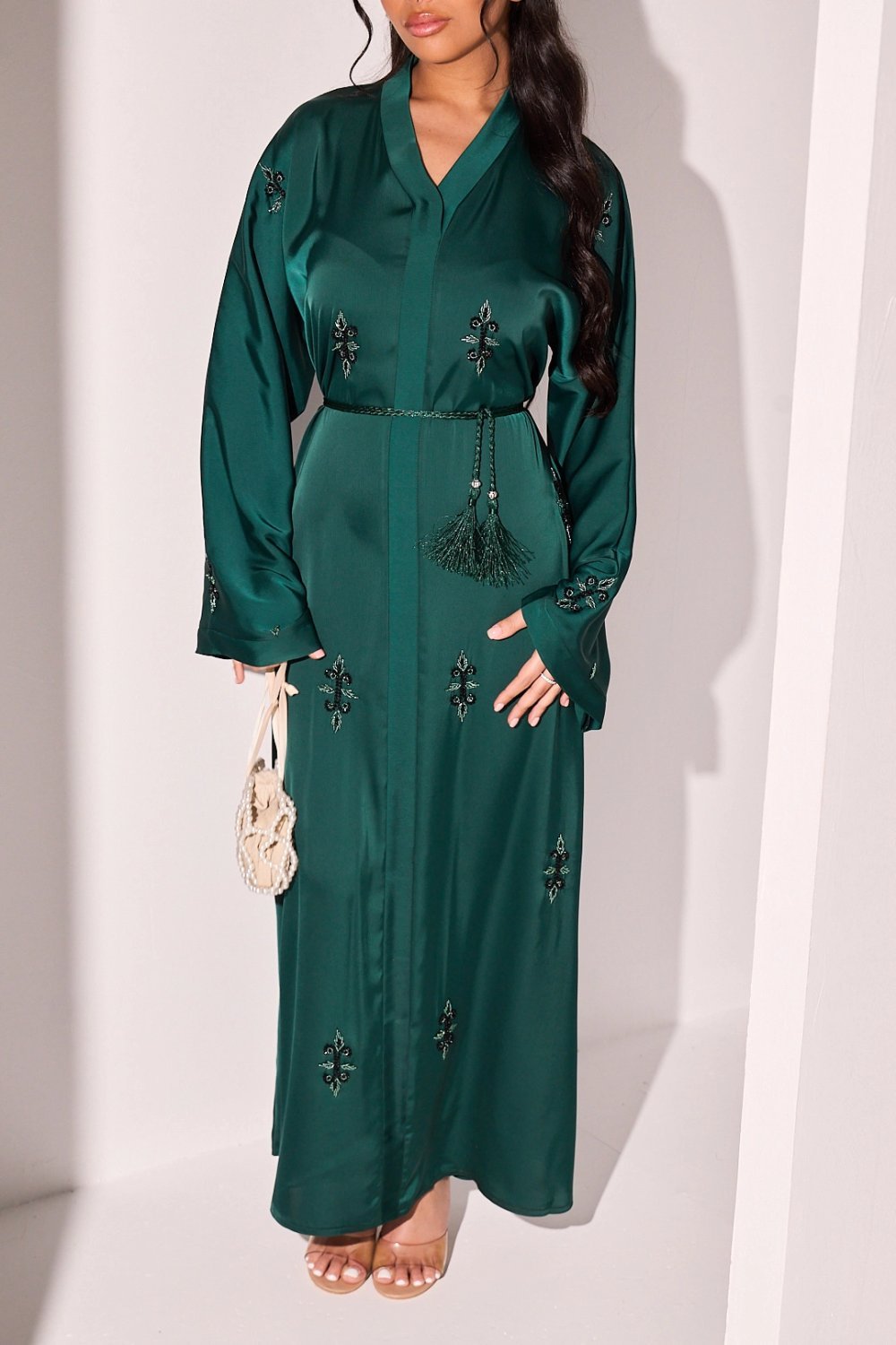 Dark green abaya with floral rhinestones