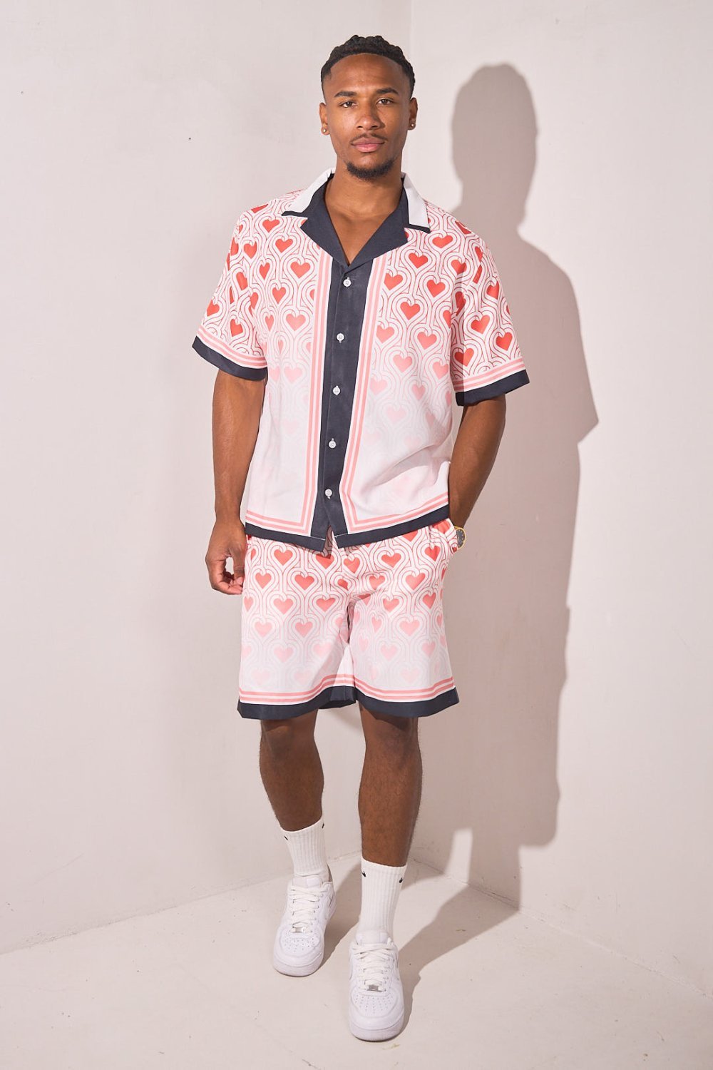 Red heart print shirt and shorts set