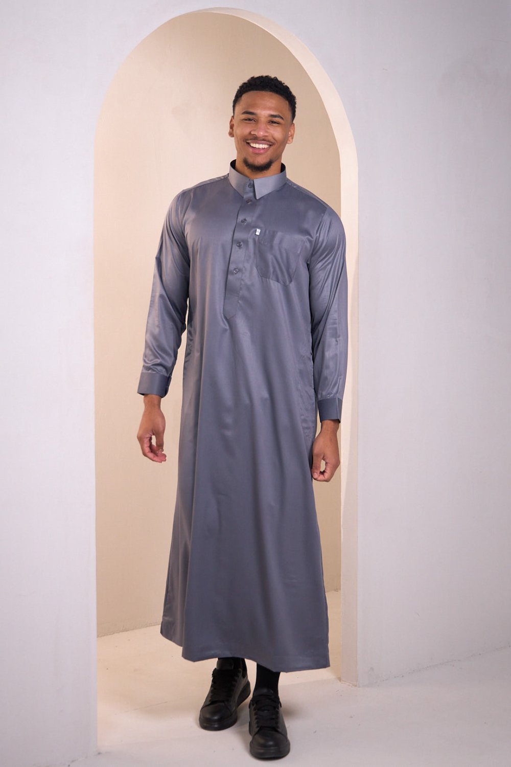 Qamis satiné col officier gris ghame9