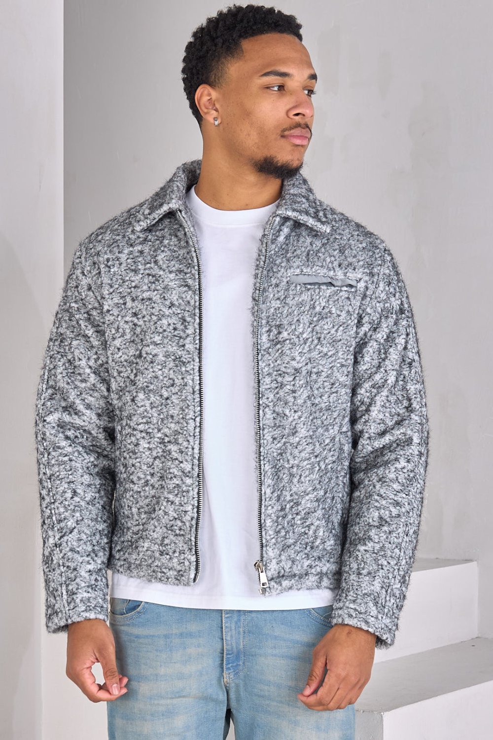 Veste polaire texturée zippée noir et blanc