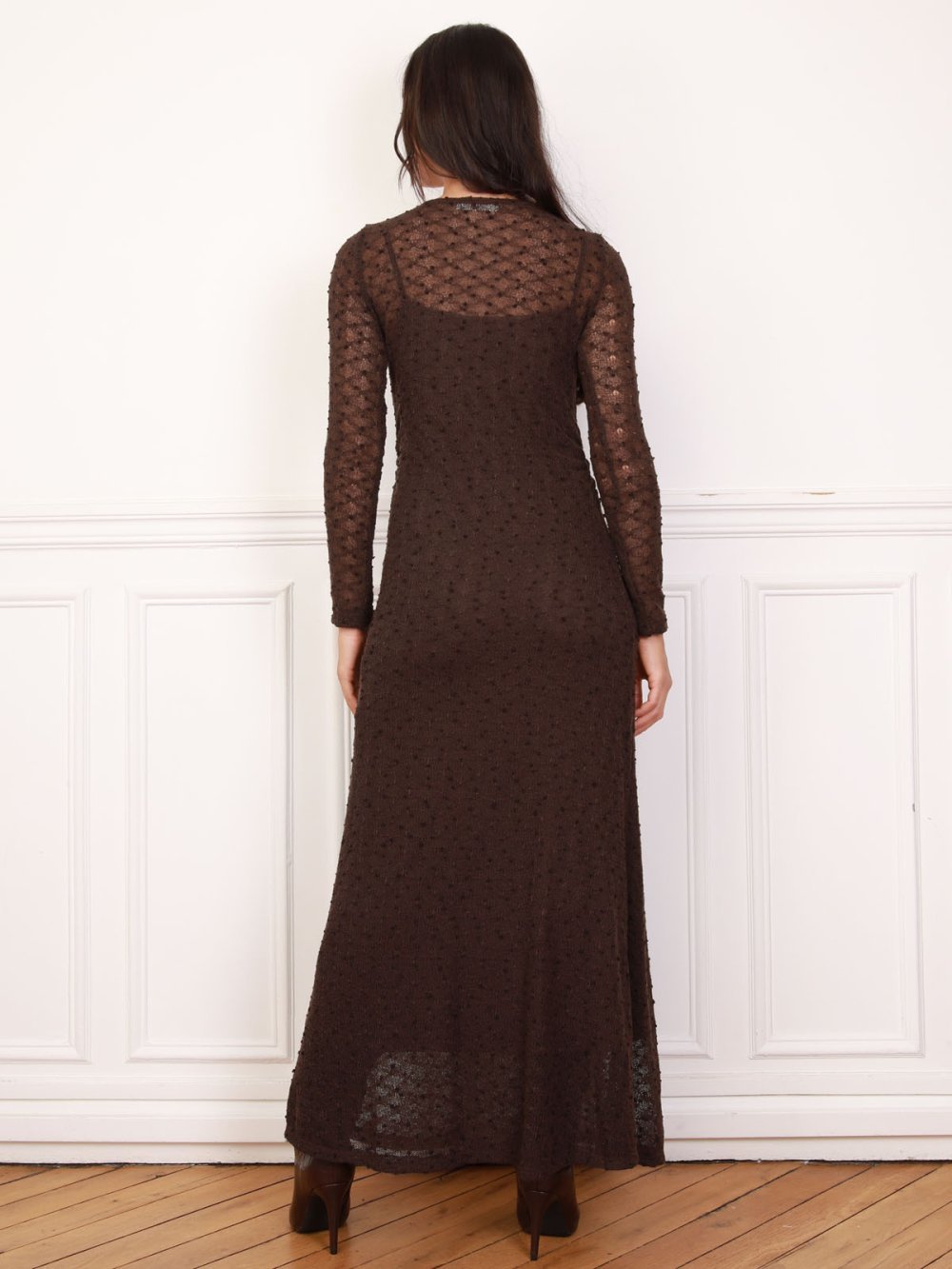 Brown lined crochet maxi dress
