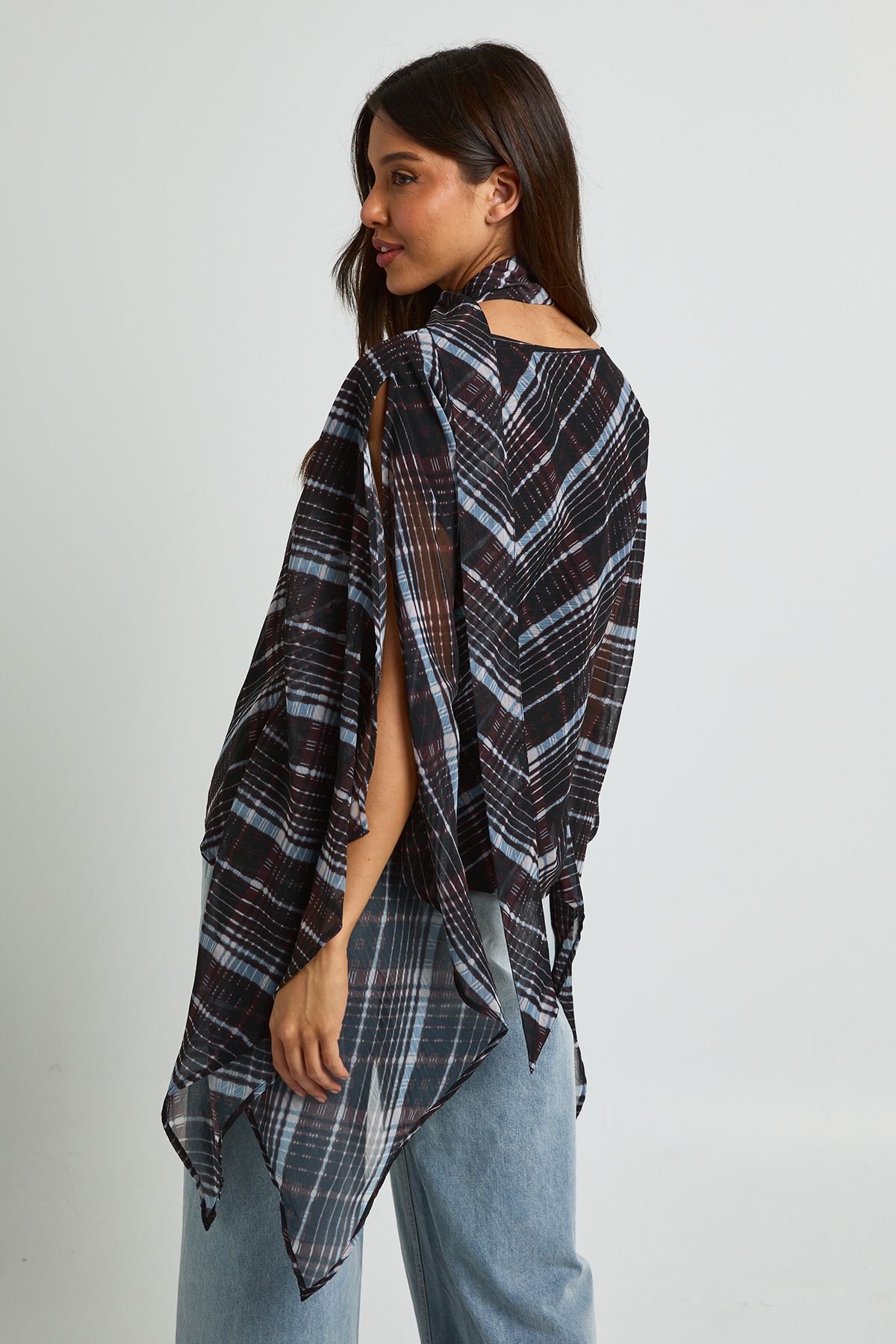 Blouse cape foulard à carreaux en mousseline