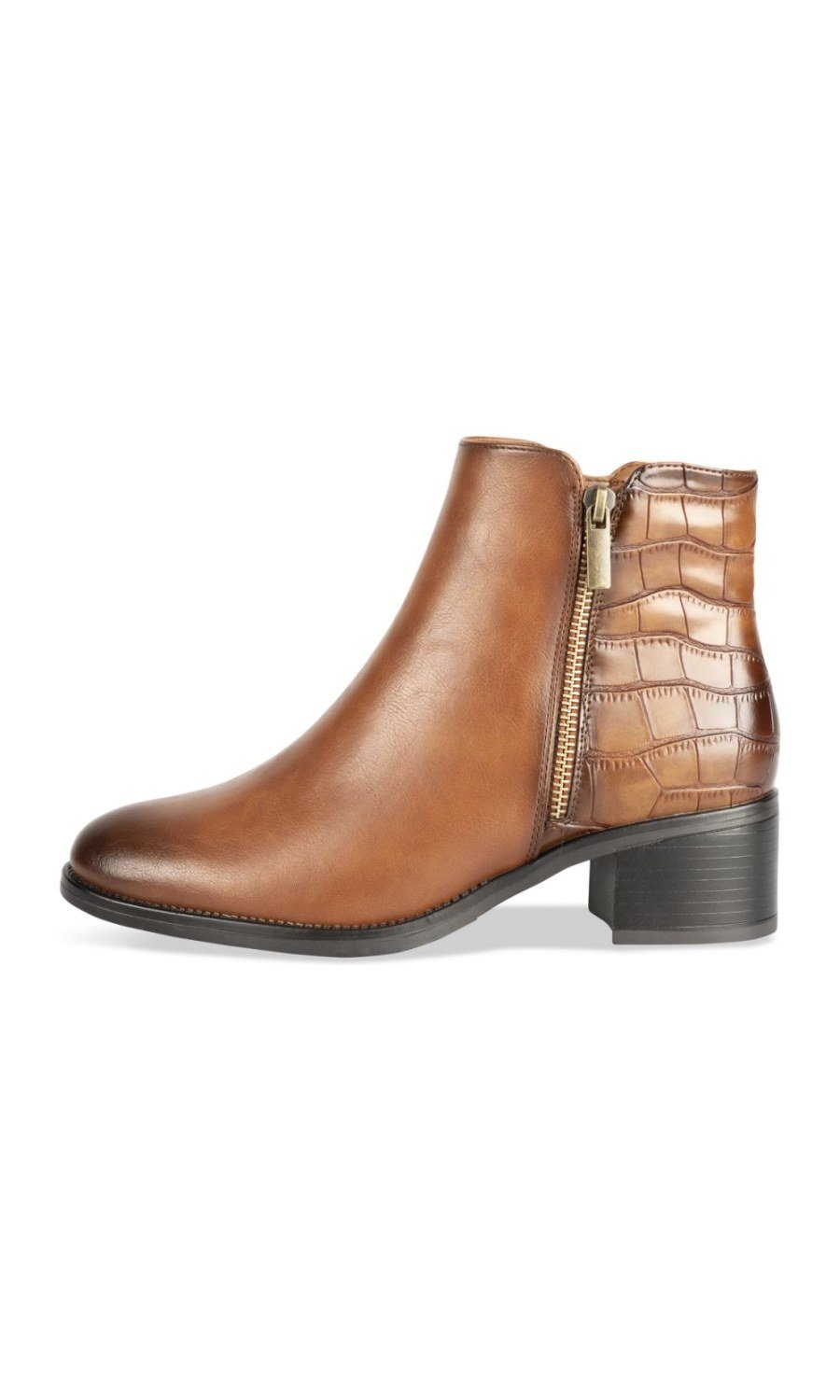 Cognac croc-effect block-heel ankle boots