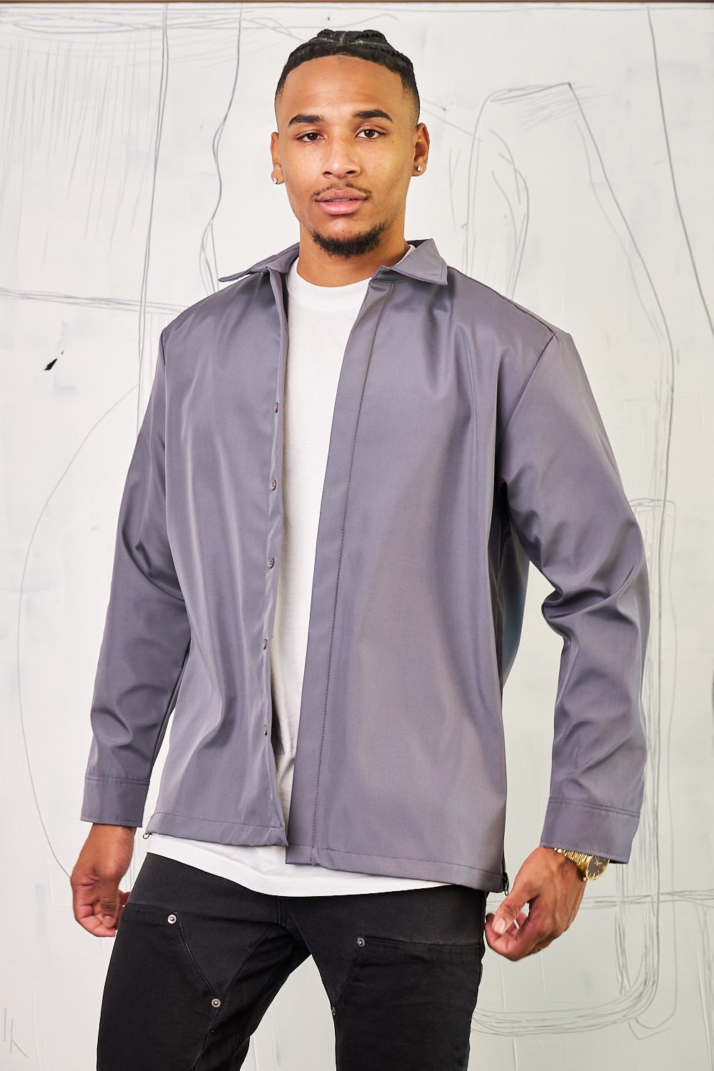 Charcoal loose-fit textured shirt with zips