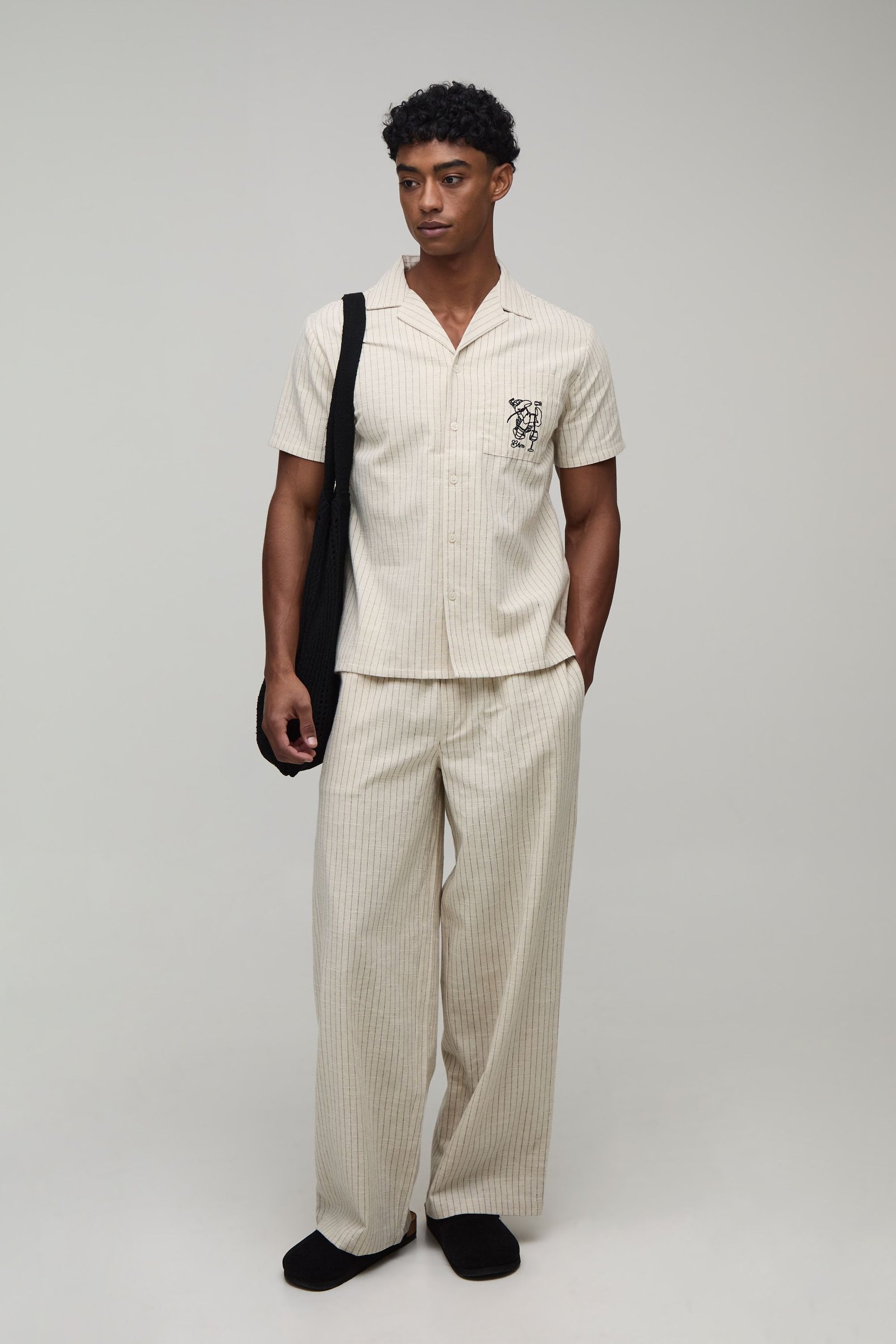 Pantalon Ample À Rayures En Mélange De Lin Avec Poche Brodée