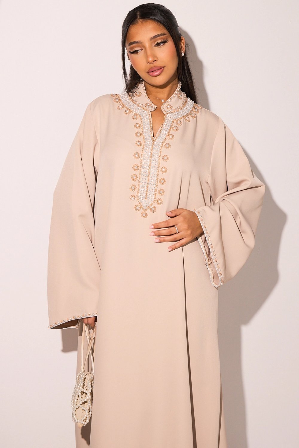 Taupe V-neck abaya with beaded flowers