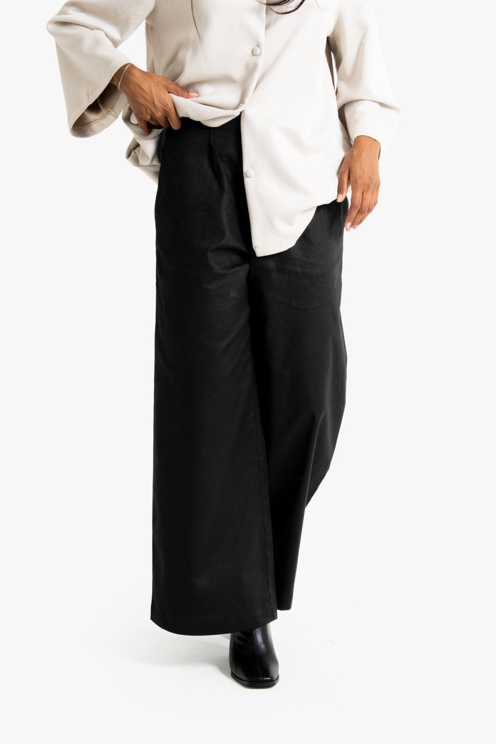 Pantalon large à pinces en lin et coton - Noir
