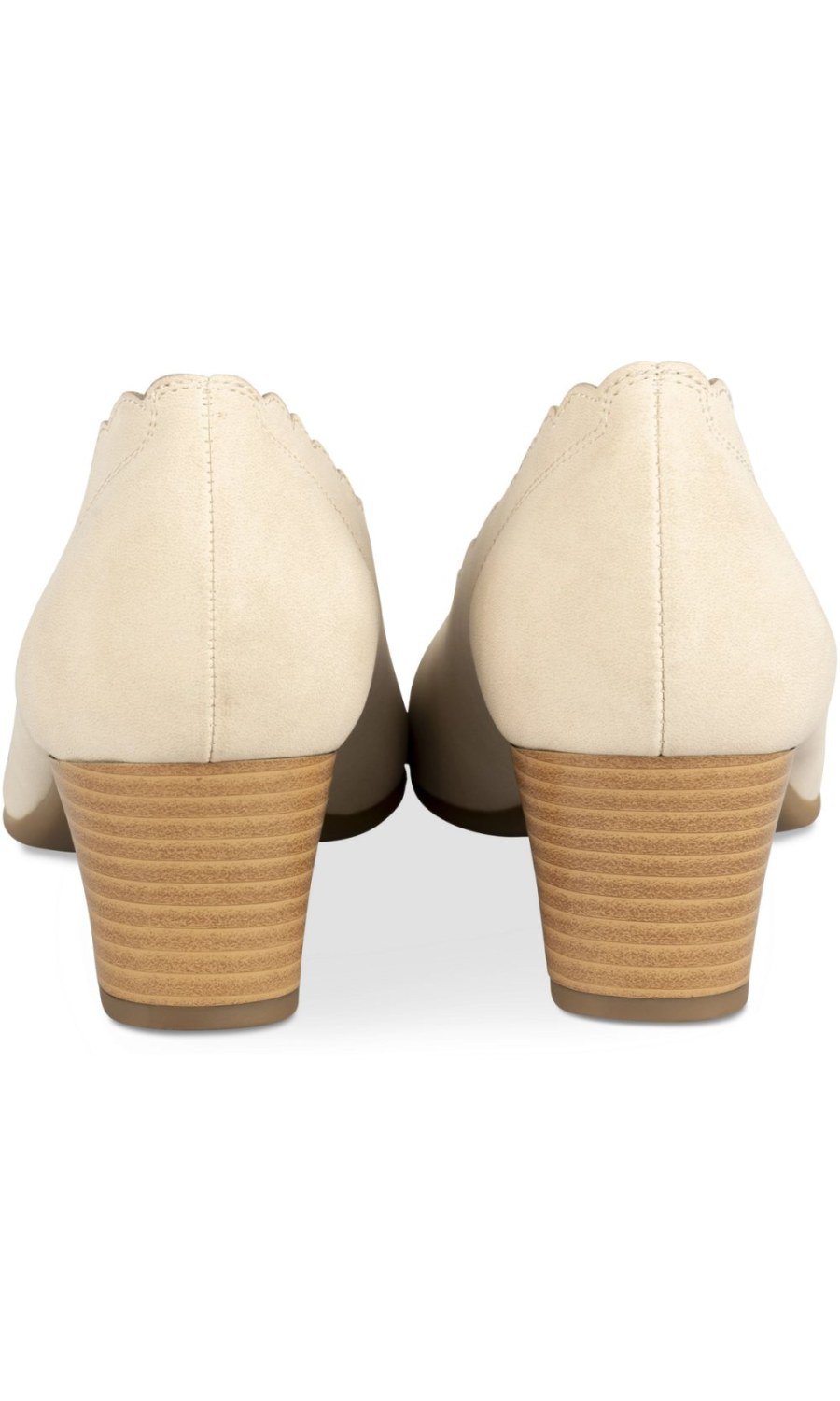 Beige scalloped block-heel pumps