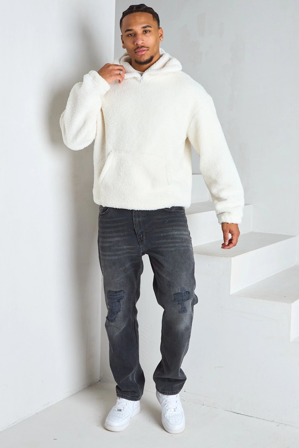 White hoodie with zip neck