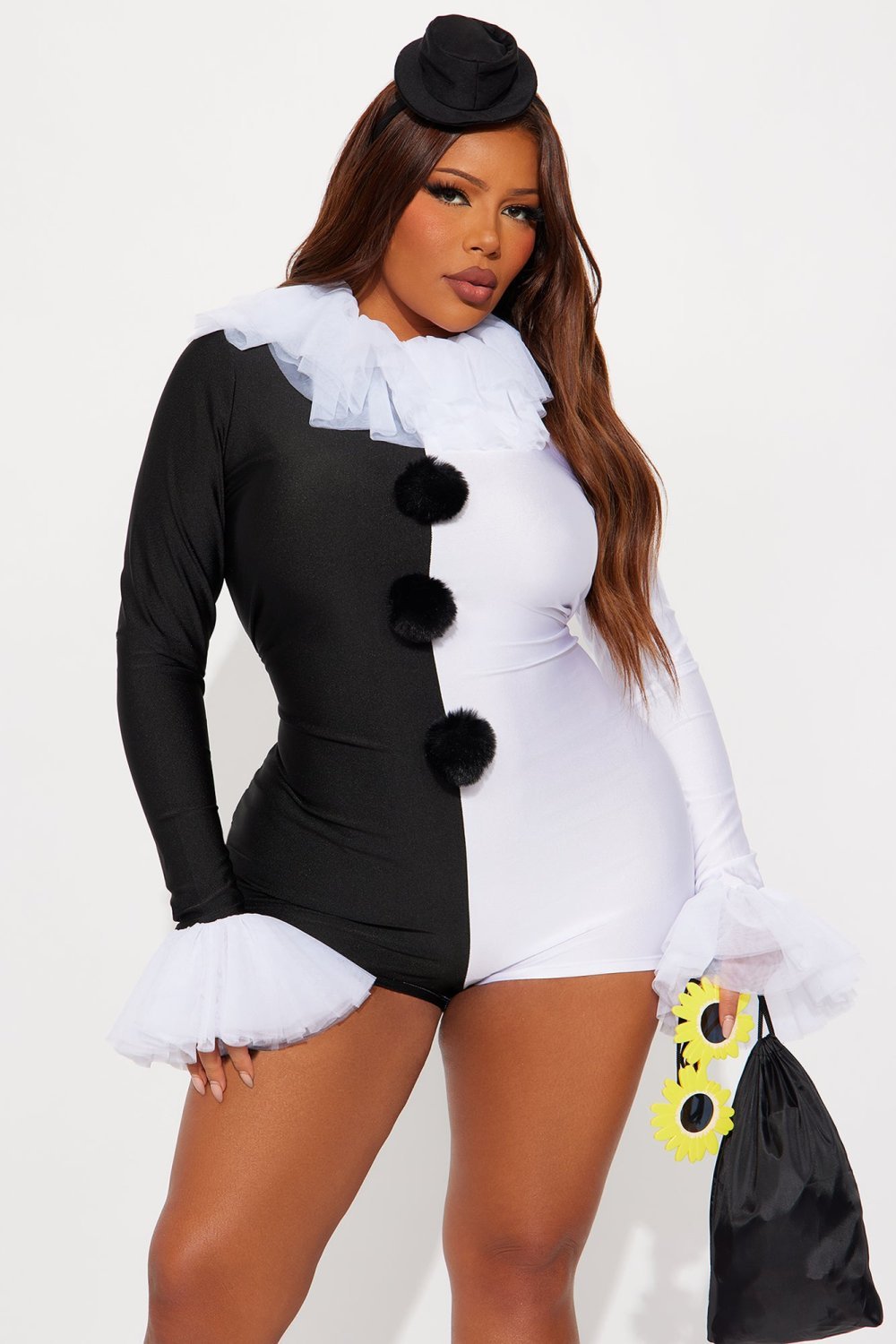 Black and white clown romper costume