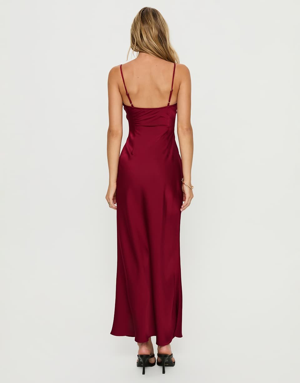 Burgundy Satin Maxi Dress With Square Neck And Sequin And Pearl Details