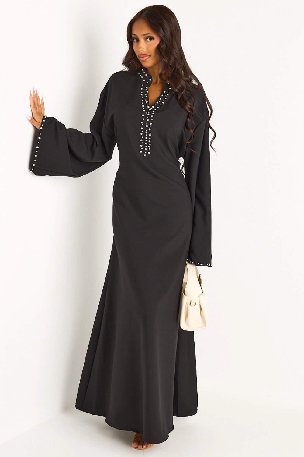 Black V-neck abaya with rhinestones