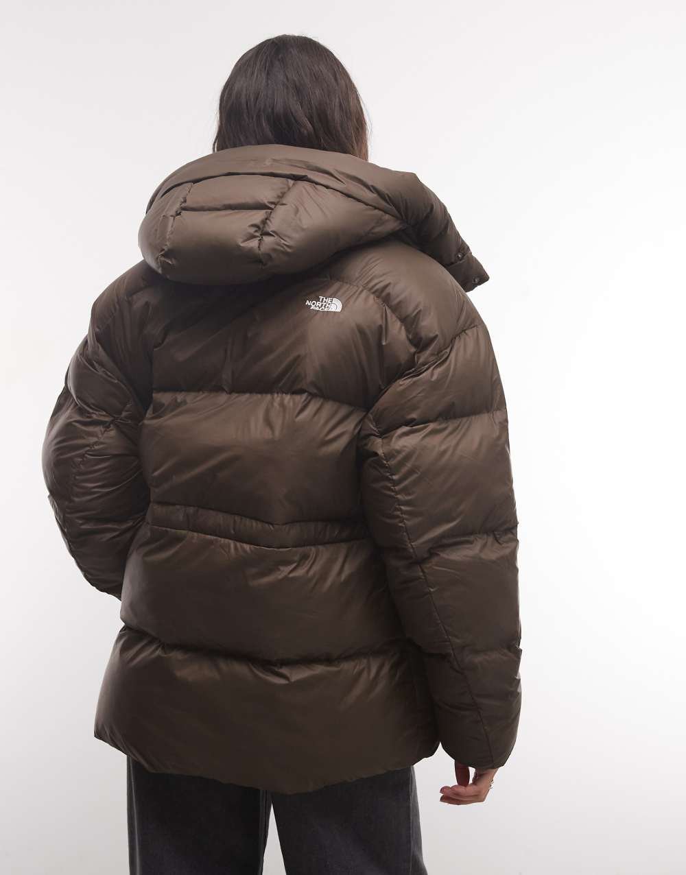 Oversized hooded puffer jacket in dark brown