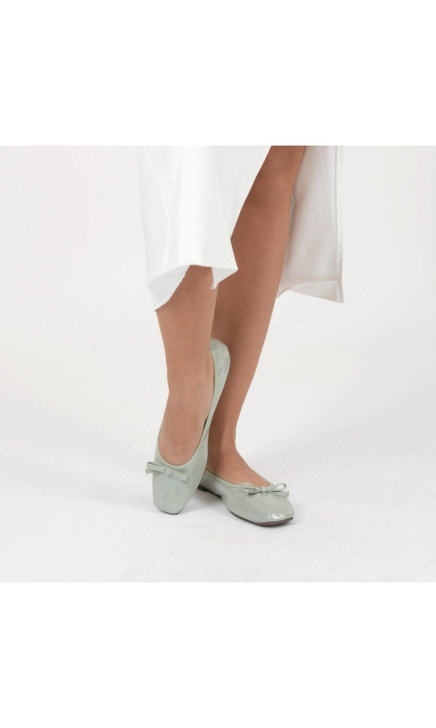 Sage green patent-look bow ballerinas