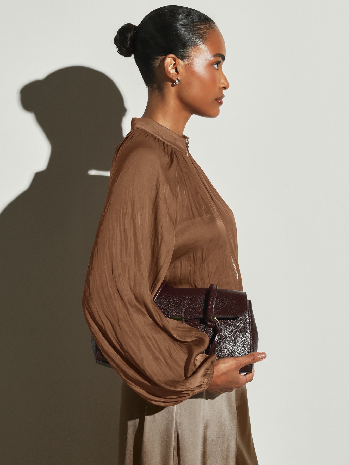 Gathered satin bomber jacket with high neck