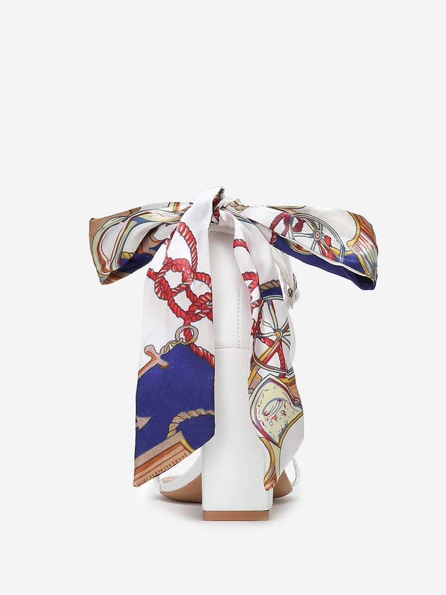White block heel sandals with printed scarf